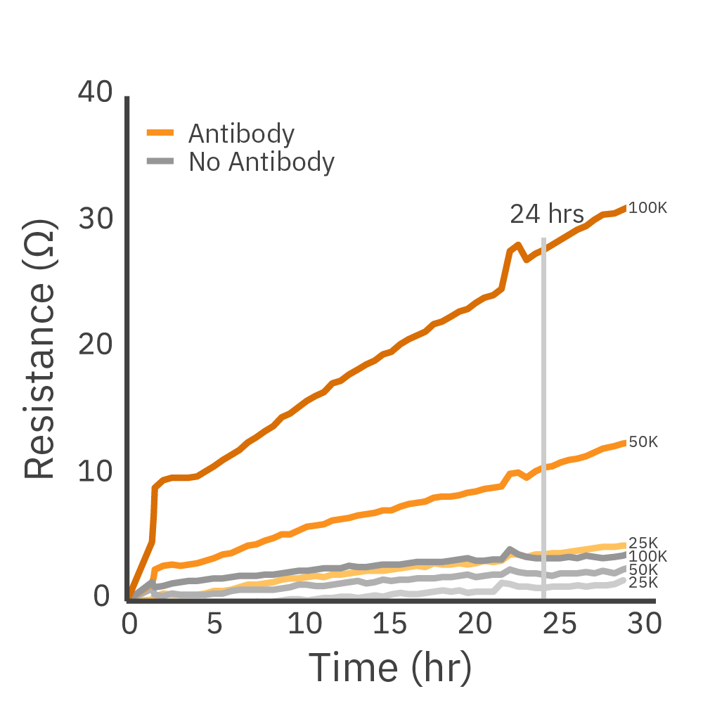 Maestro Z impedance graph showing antibody-tethered Daudi liquid tumor cell proliferation compared with non-tethered cells