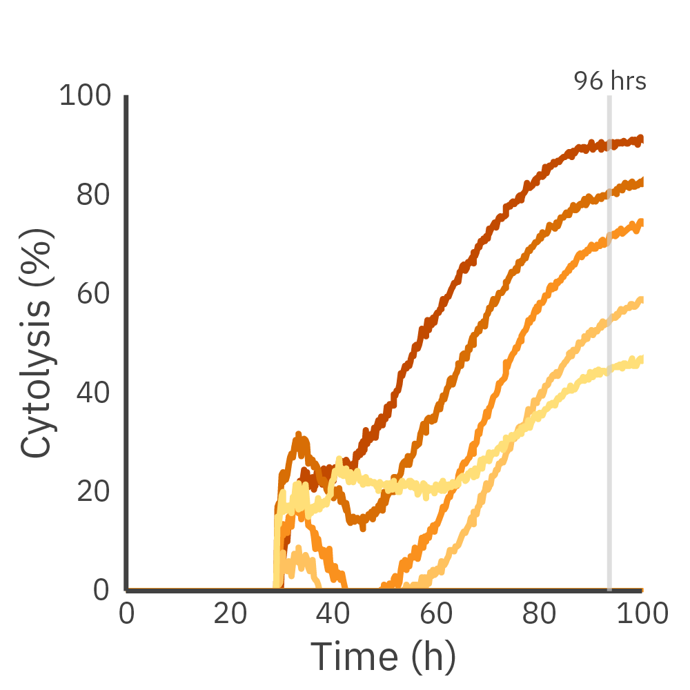 Real-time impedance cytolysis graph showing CAR T cell-mediated killing of antibody-tethered liquid tumor cells over time