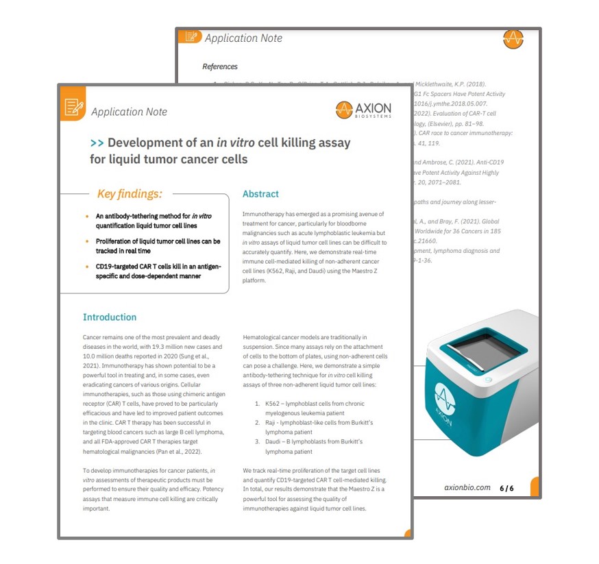 Application note on developing an in vitro cell killing assay for liquid tumor cancer cells using impedance analysis