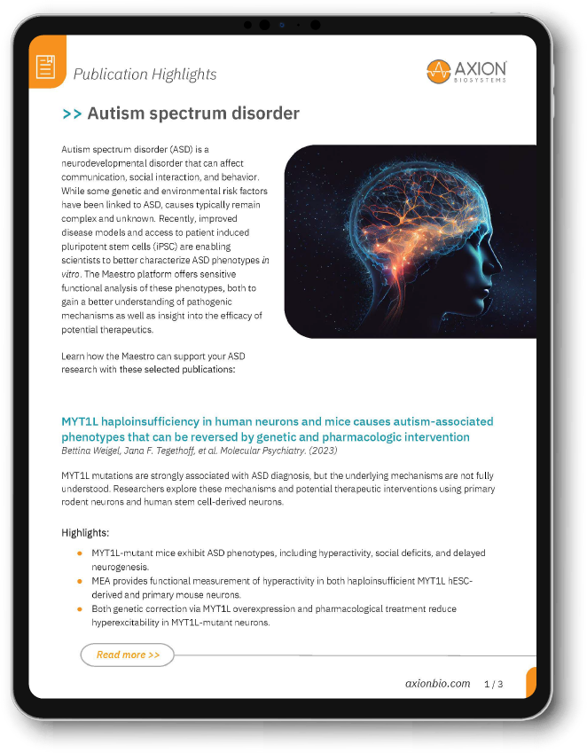 Publication highlights on autism spectrum disorder research using Axion BioSystems Maestro MEA platforms for in vitro iPSC-derived neuronal models