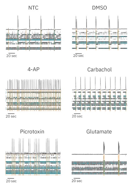 Raster plots illustrating patterns of neural activity 1 hour  after dosing with each listed compound