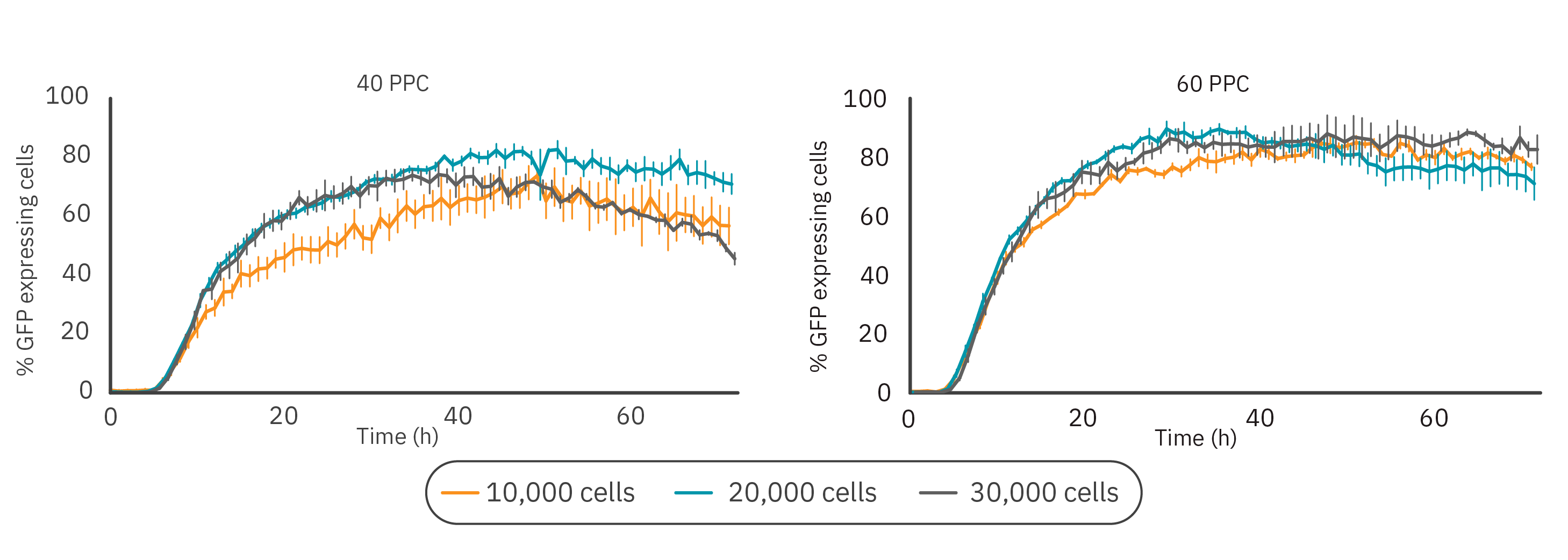 Graph showing percent GFP-expressing HeLa cells across BacMam vector concentrations and cell seeding densities over time