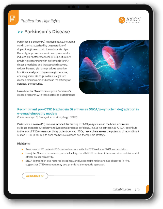 Publication highlights on Parkinson’s disease research using Axion BioSystems Maestro MEA technology for dopaminergic neuron functional analysis
