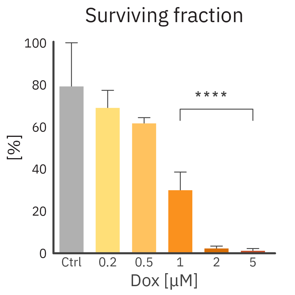 Clonogenic assay bar graph showing surviving fraction of CHO-K1 colonies after dose-dependent doxorubicin treatment