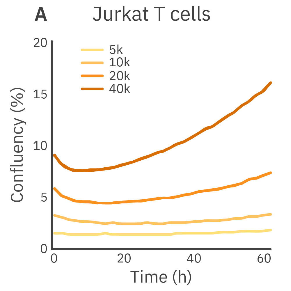 Omni confluency analysis graph showing Jurkat T cell proliferation at different seeding densities over time