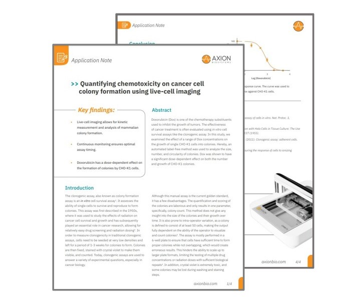 Application note on quantifying chemotoxicity on cancer cell colonies using Omni live-cell imaging and clonogenic assays